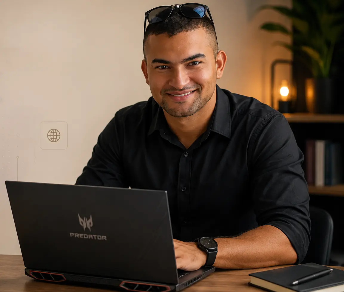 Fabio Conceição, engenheiro de software, trabalhando em seu notebook